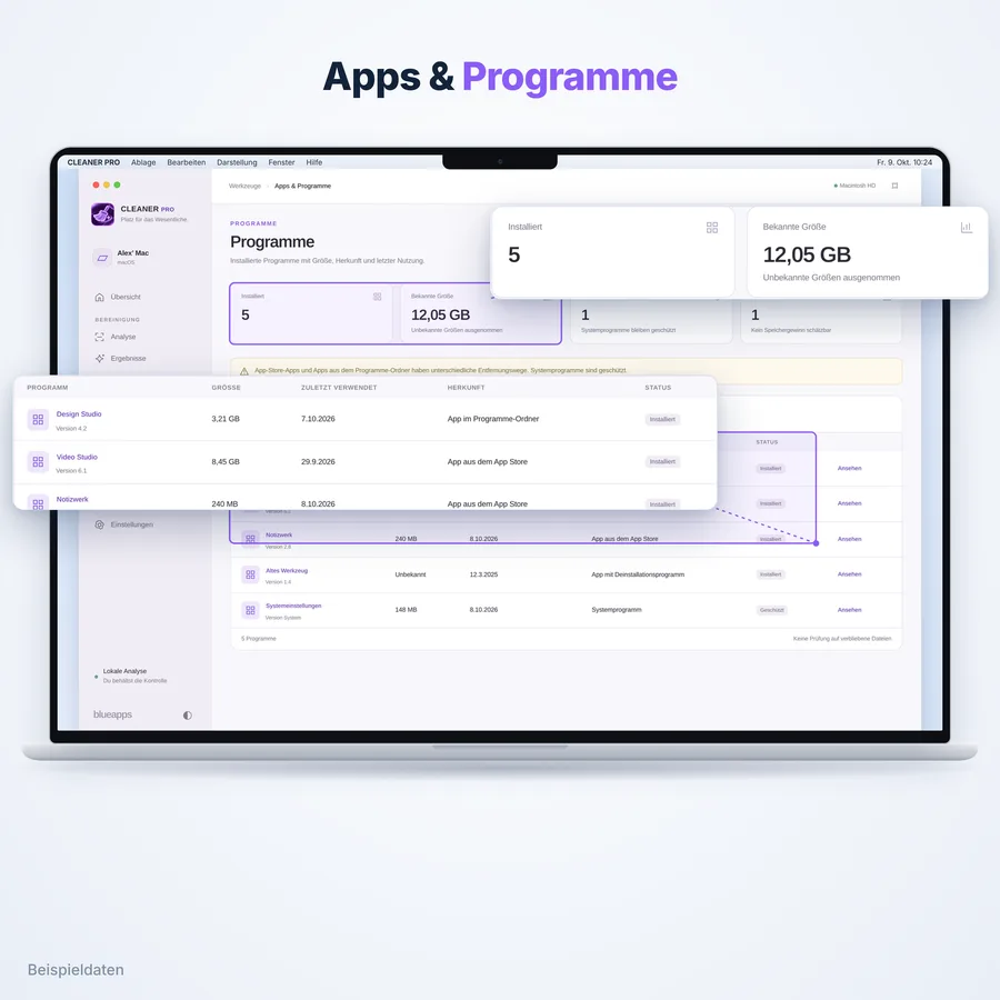Cleaner Pro: Apps und Programme (App-Ansicht mit Beispieldaten)