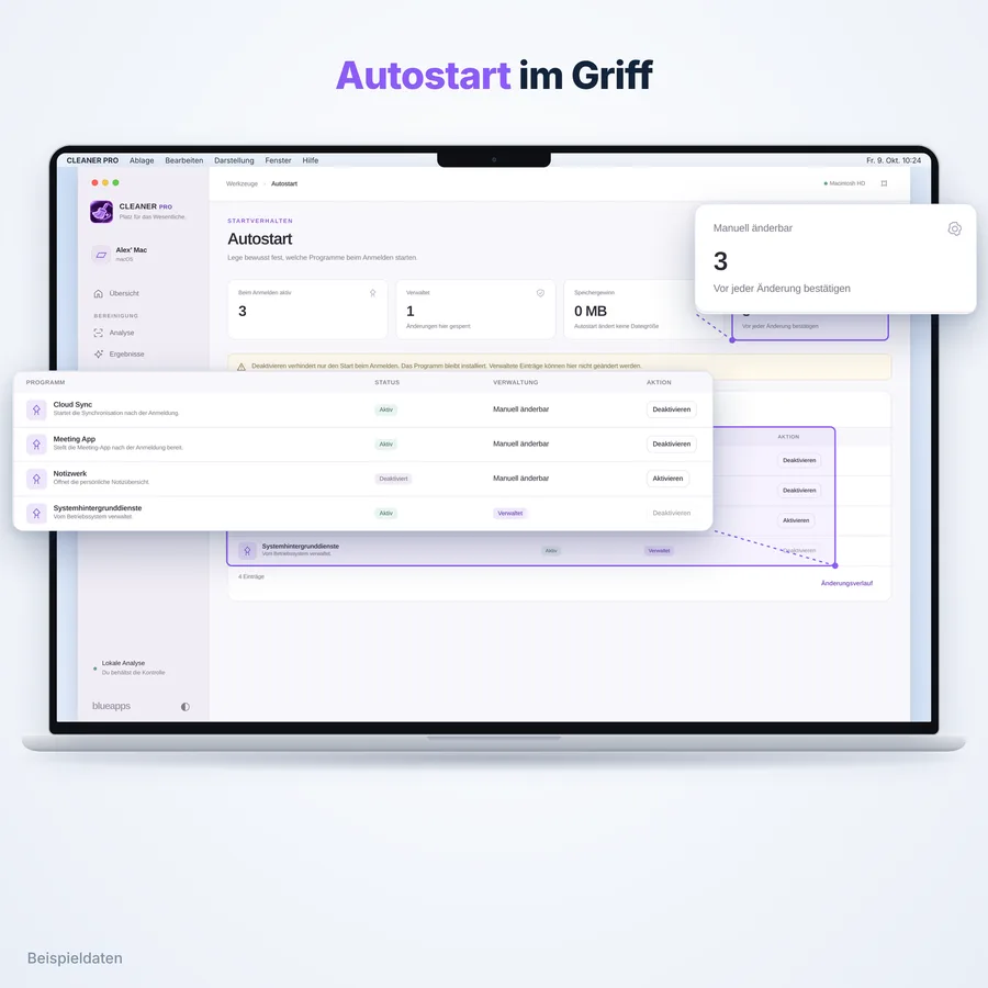 Cleaner Pro: Autostart (App-Ansicht mit Beispieldaten)