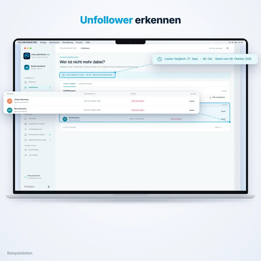 FollowTrace Pro: Unfollower (App-Ansicht mit Beispieldaten)