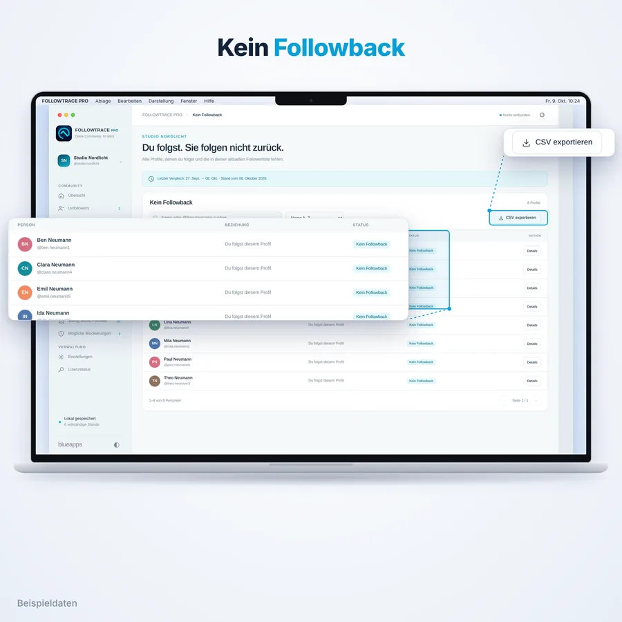 FollowTrace Pro: Kein Followback (App-Ansicht mit Beispieldaten)