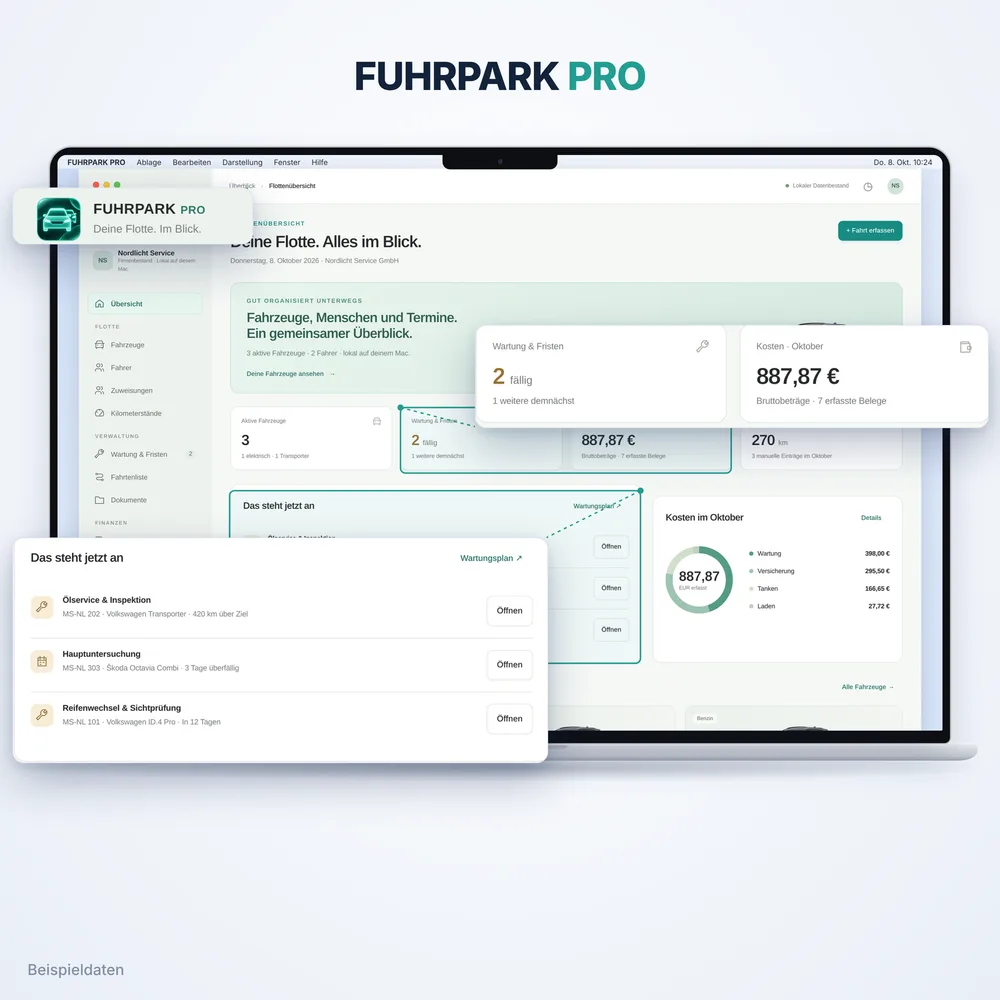 Fuhrpark Pro auf dem Mac: Flottenübersicht (App-Ansicht mit Beispieldaten)