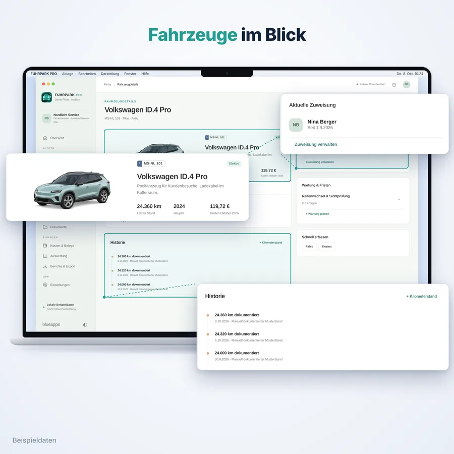 Fuhrpark Pro: Fahrzeuge (App-Ansicht mit Beispieldaten)
