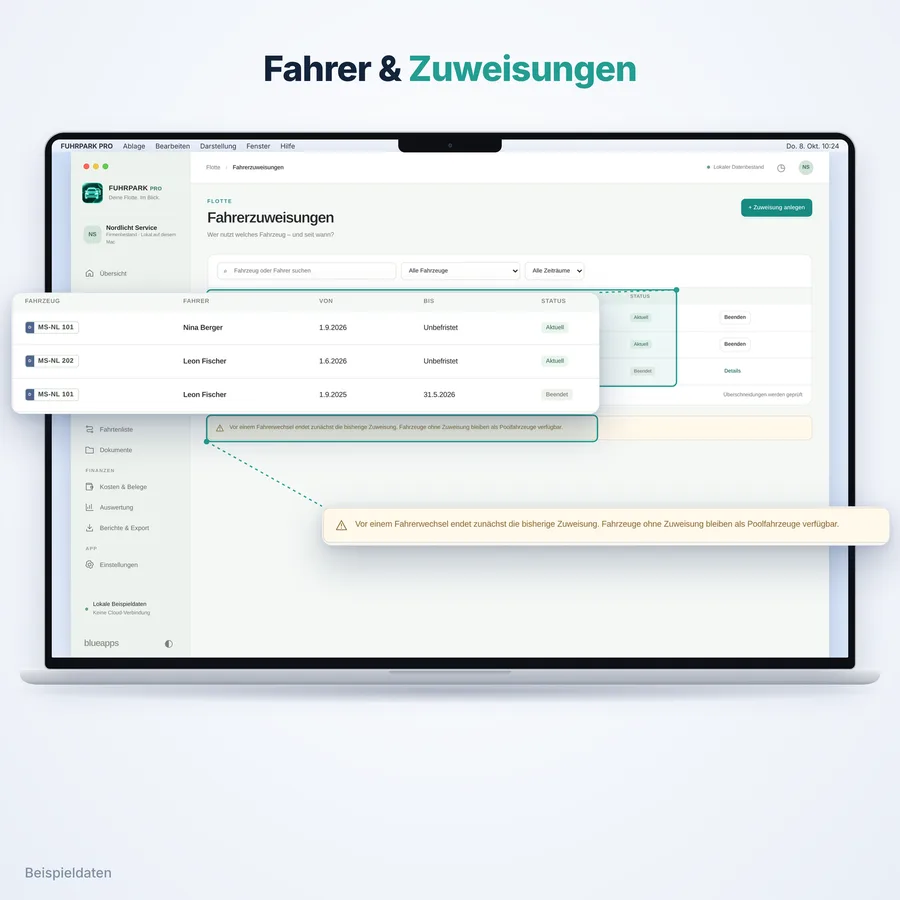 Fuhrpark Pro: Fahrer und Zuweisungen (App-Ansicht mit Beispieldaten)