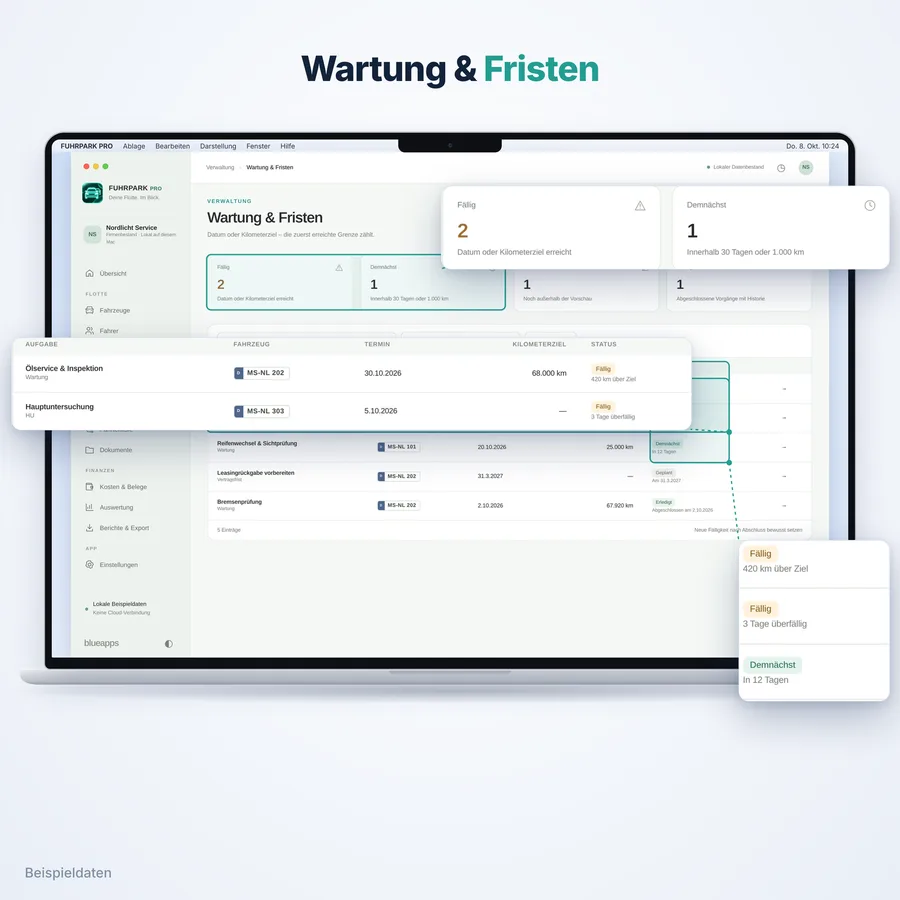Fuhrpark Pro: Wartung und Fristen (App-Ansicht mit Beispieldaten)