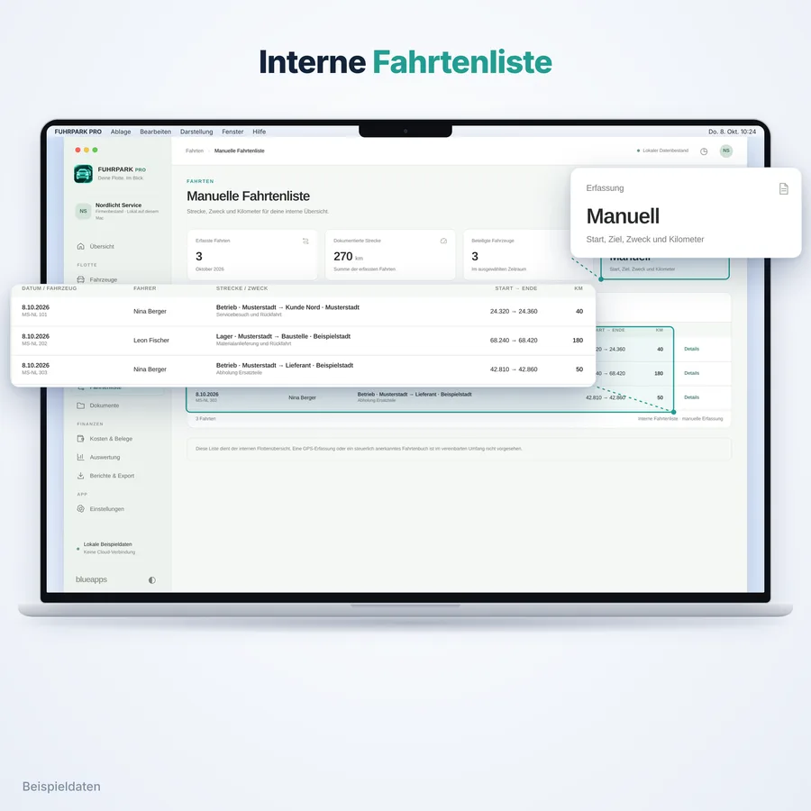 Fuhrpark Pro: Interne Fahrtenliste (App-Ansicht mit Beispieldaten)