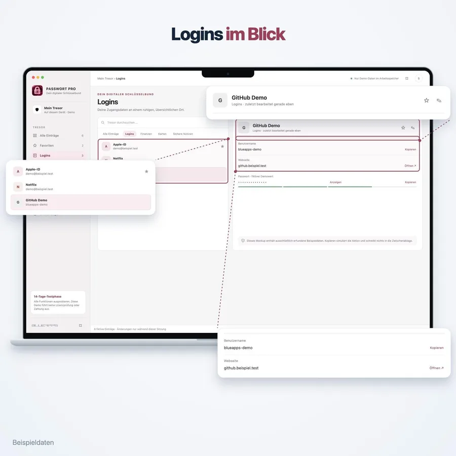 Passwort Pro: Logins im Blick (App-Ansicht mit Beispieldaten)