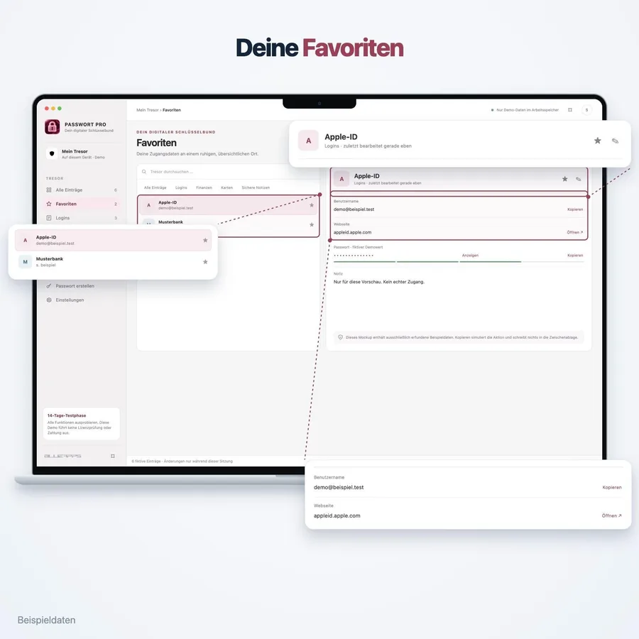 Passwort Pro: Favoriten (App-Ansicht mit Beispieldaten)