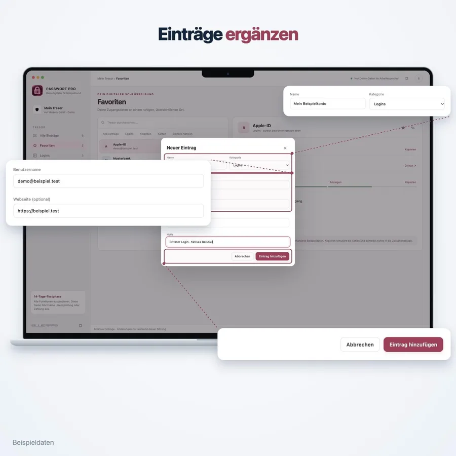 Passwort Pro: Einträge ergänzen (App-Ansicht mit Beispieldaten)