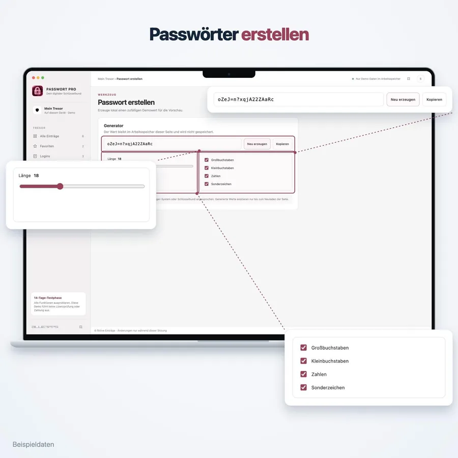 Passwort Pro: Passwörter erstellen (App-Ansicht mit Beispieldaten)