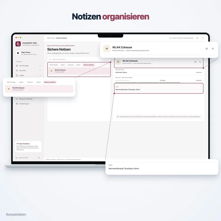 Passwort Pro: Notizen organisieren (App-Ansicht mit Beispieldaten)