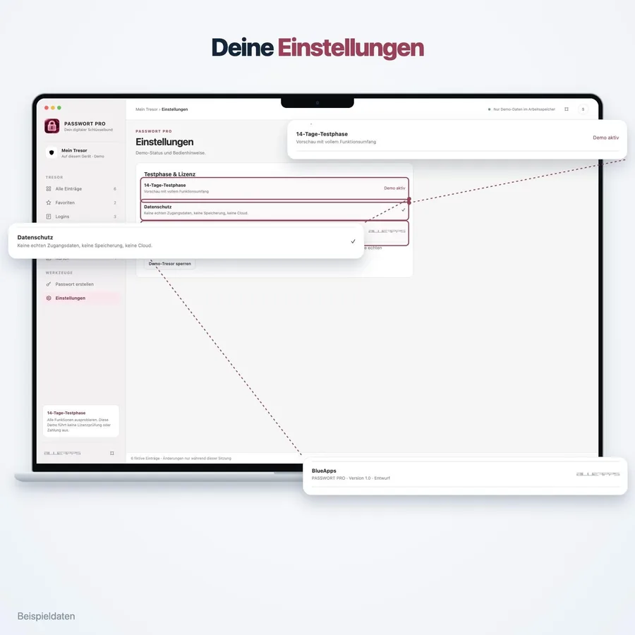 Passwort Pro: Einstellungen (App-Ansicht mit Beispieldaten)