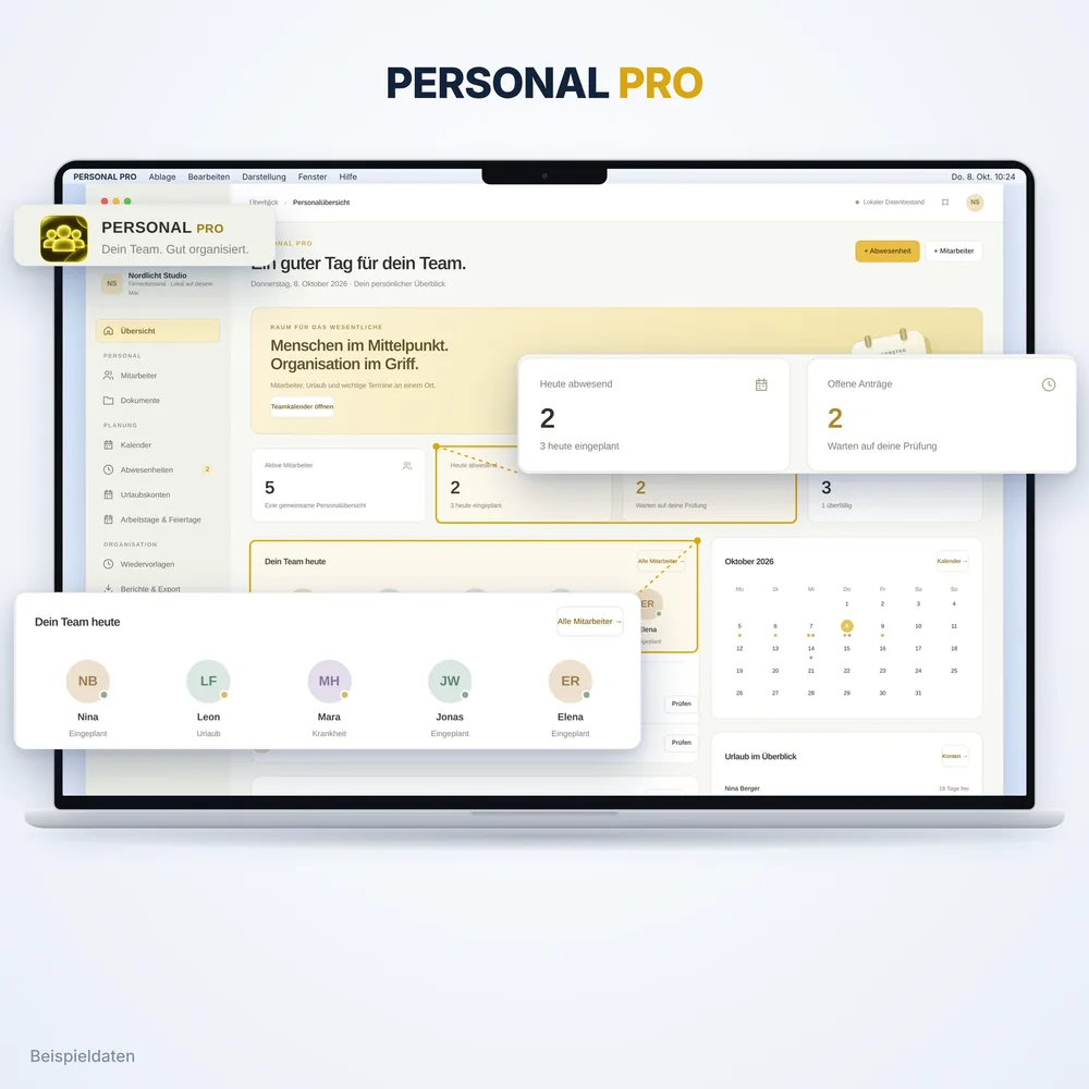 Personal Pro auf dem Mac: Übersicht mit Mitarbeitern und Abwesenheiten (App-Ansicht mit Beispieldaten)