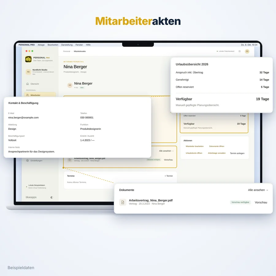 Personal Pro: Mitarbeiterakten (App-Ansicht mit Beispieldaten)