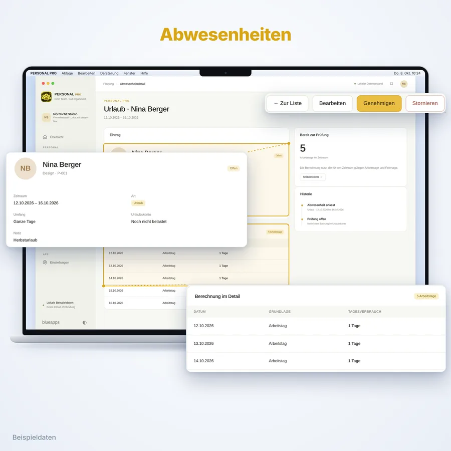 Personal Pro: Abwesenheiten (App-Ansicht mit Beispieldaten)