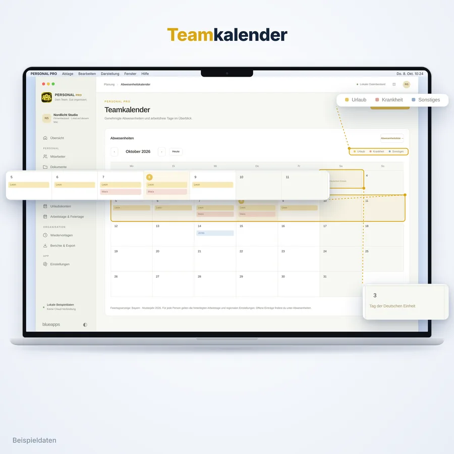 Personal Pro: Teamkalender (App-Ansicht mit Beispieldaten)