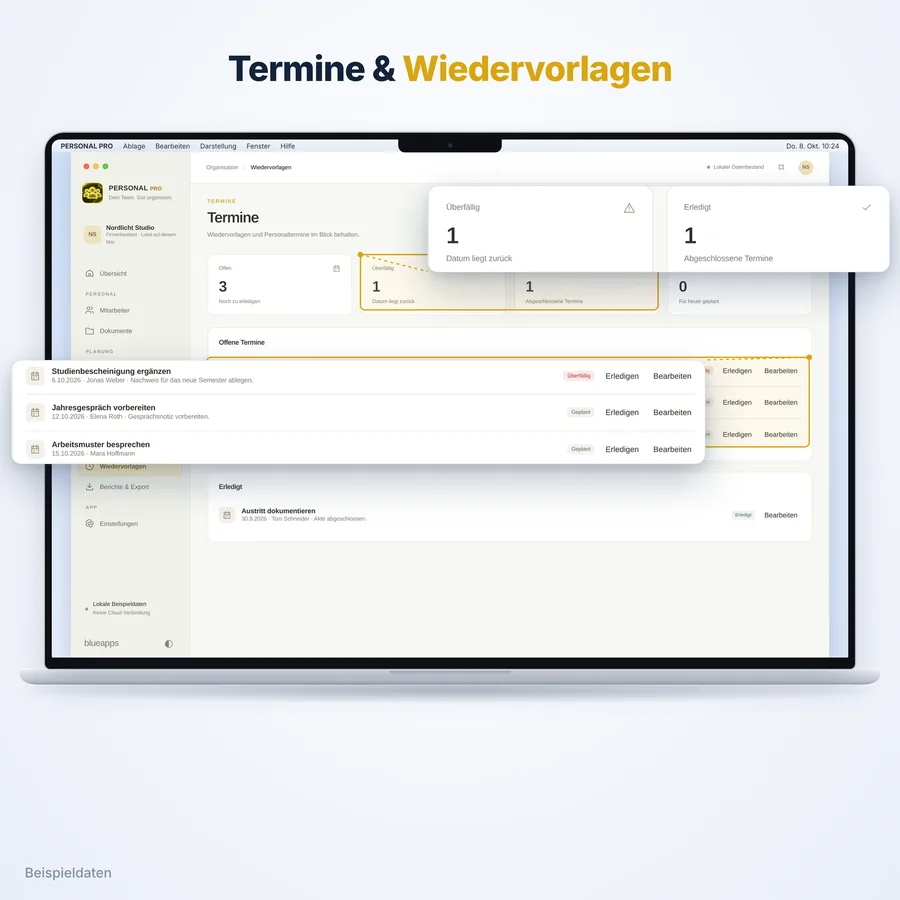 Personal Pro: Termine und Wiedervorlagen (App-Ansicht mit Beispieldaten)