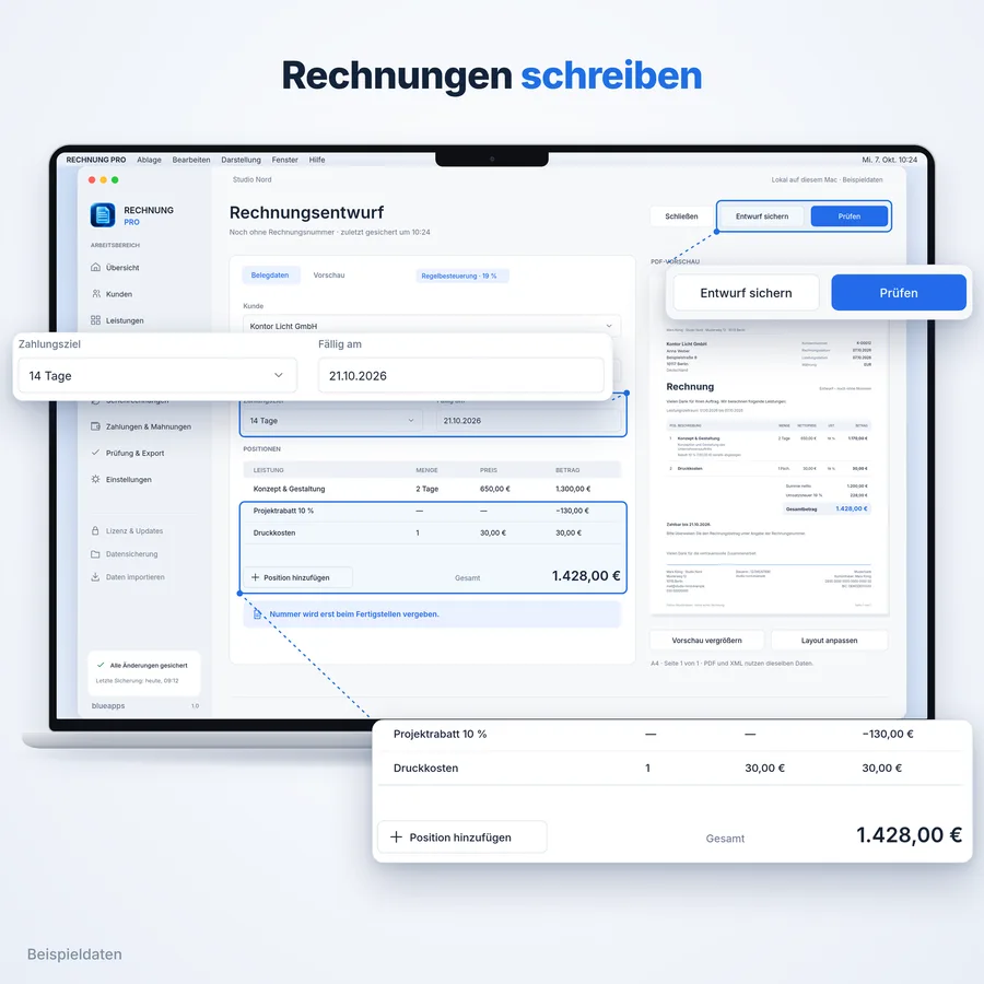 Rechnung Pro: Rechnungen schreiben mit A4-Vorschau (App-Ansicht mit Beispieldaten)