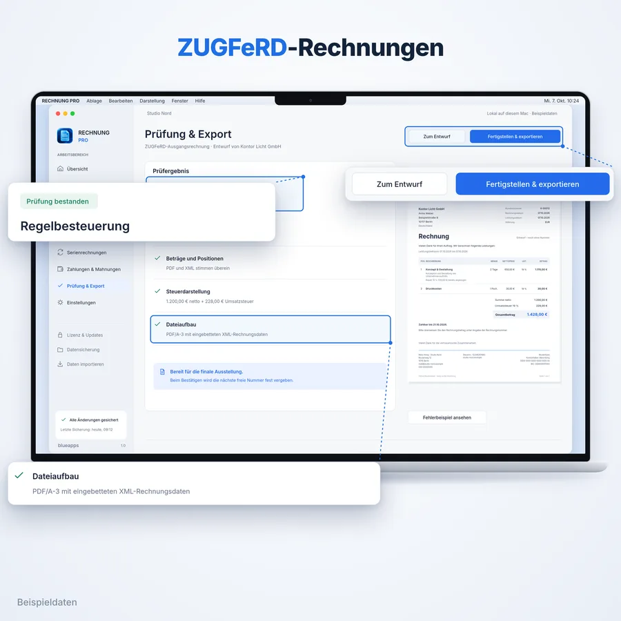 Rechnung Pro: ZUGFeRD: PDF und XML in einer Datei (App-Ansicht mit Beispieldaten)