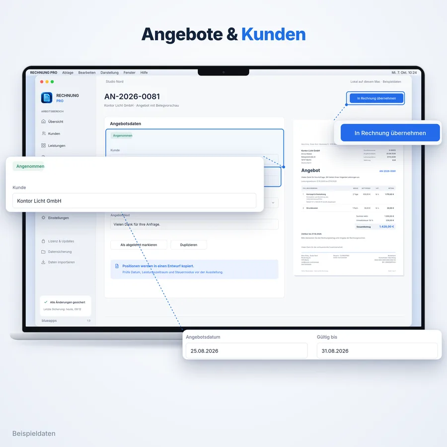 Rechnung Pro: Angebote und Kunden verwalten (App-Ansicht mit Beispieldaten)