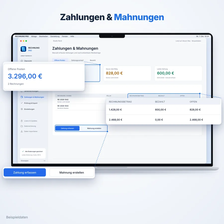 Rechnung Pro: Zahlungen, Teilzahlungen und Mahnungen (App-Ansicht mit Beispieldaten)