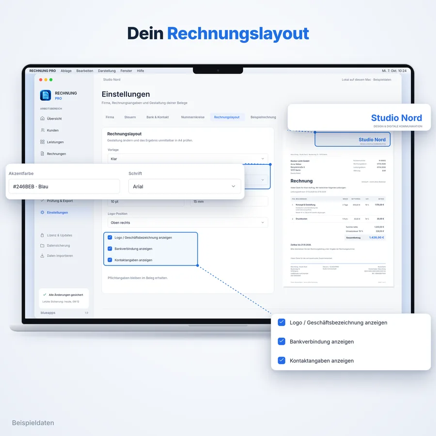 Rechnung Pro: Rechnungslayout mit eigenem Logo (App-Ansicht mit Beispieldaten)