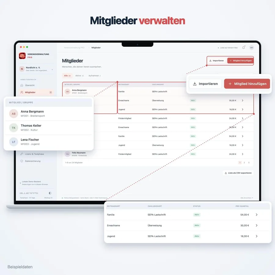 Vereinsverwaltung Pro: Mitglieder verwalten (App-Ansicht mit Beispieldaten)