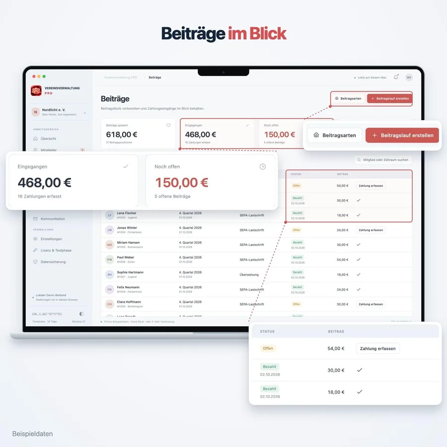 Vereinsverwaltung Pro: Beiträge im Blick (App-Ansicht mit Beispieldaten)