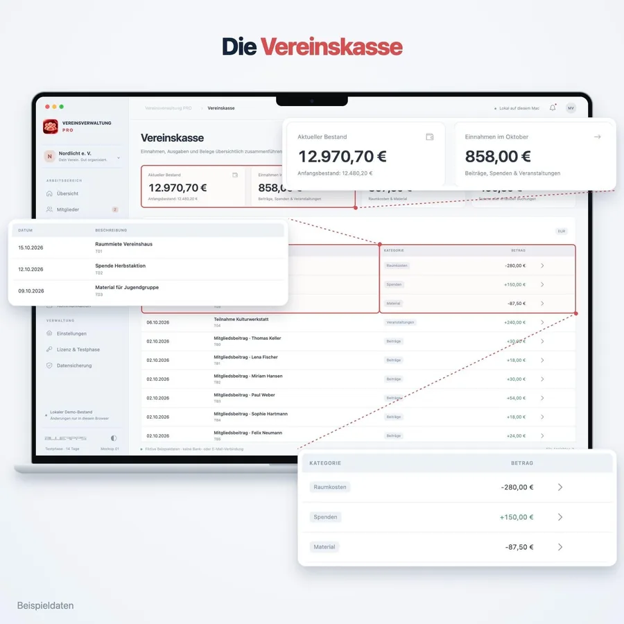 Vereinsverwaltung Pro: Die Vereinskasse (App-Ansicht mit Beispieldaten)