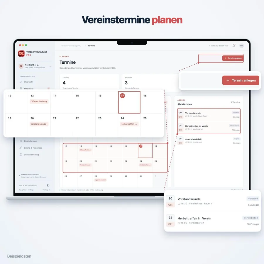 Vereinsverwaltung Pro: Vereinstermine planen (App-Ansicht mit Beispieldaten)