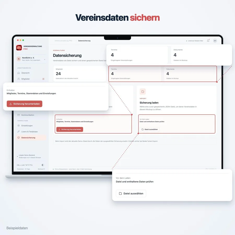 Vereinsverwaltung Pro: Vereinsdaten sichern (App-Ansicht mit Beispieldaten)