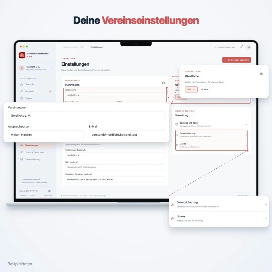 Vereinsverwaltung Pro: Vereinseinstellungen (App-Ansicht mit Beispieldaten)