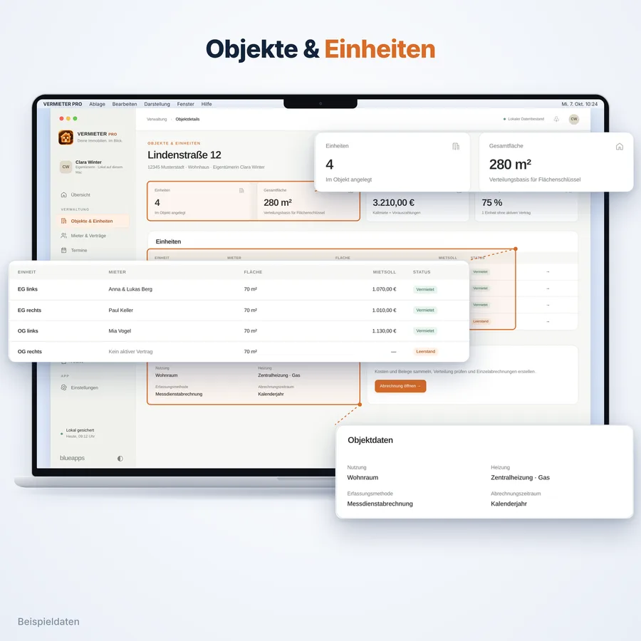 Vermieter Pro: Objekte und Einheiten (App-Ansicht mit Beispieldaten)