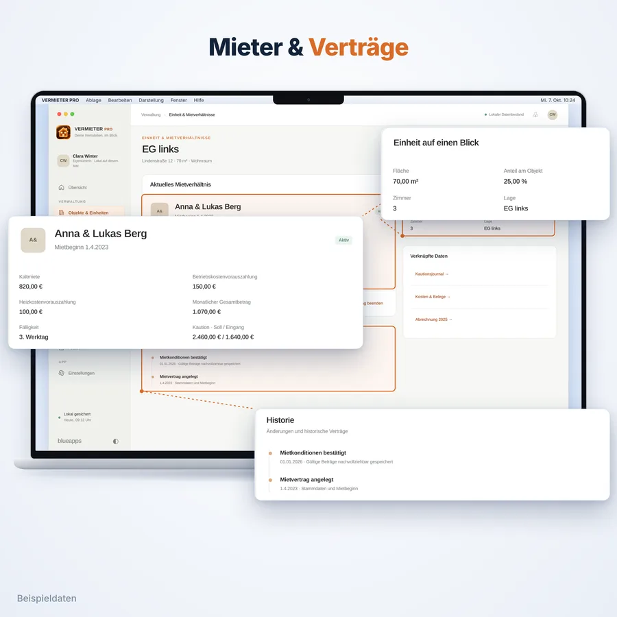 Vermieter Pro: Mieter und Verträge (App-Ansicht mit Beispieldaten)