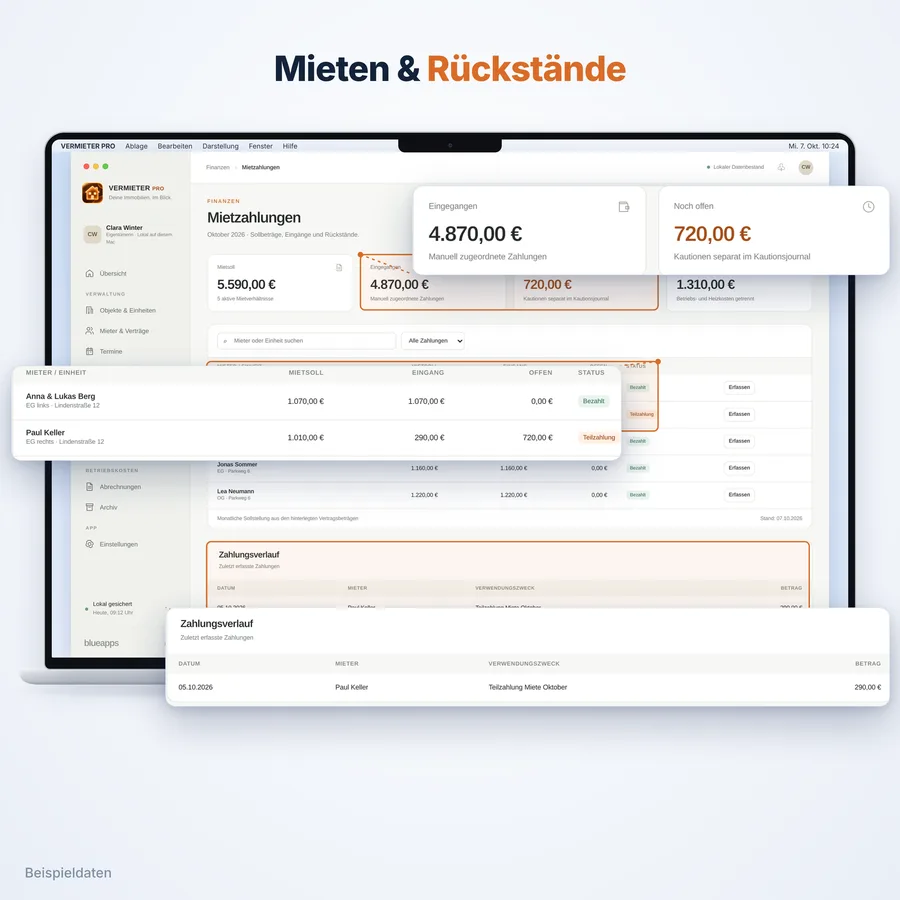 Vermieter Pro: Mieten und Rückstände (App-Ansicht mit Beispieldaten)