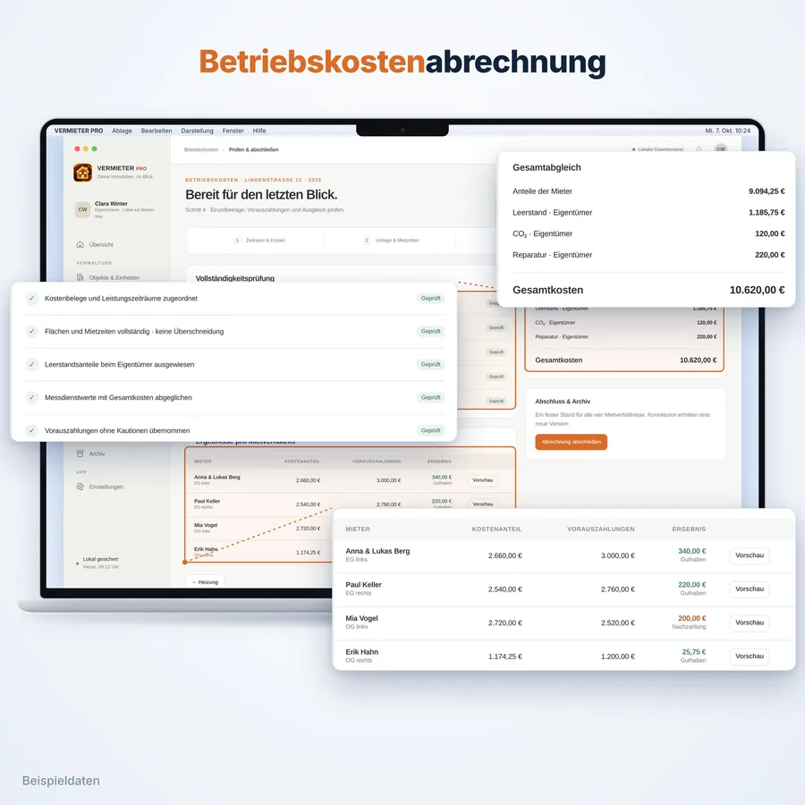 Vermieter Pro: Betriebskostenabrechnung (App-Ansicht mit Beispieldaten)