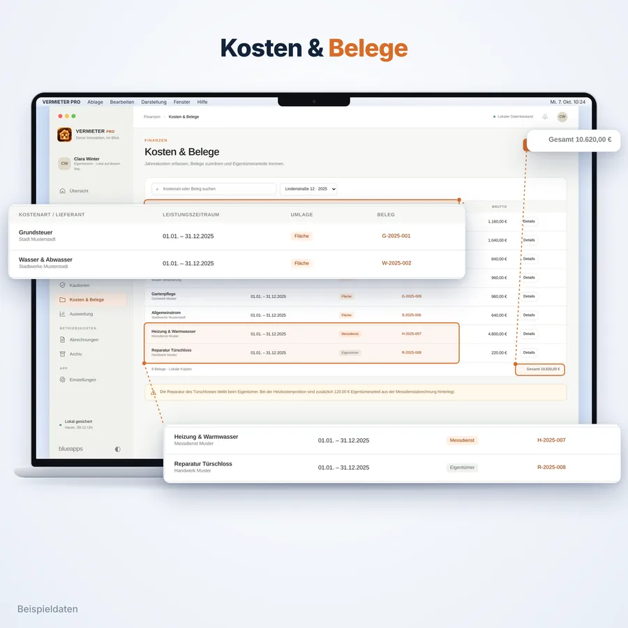 Vermieter Pro: Kosten und Belege (App-Ansicht mit Beispieldaten)