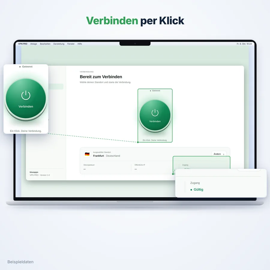 VPN Pro: Verbinden per Klick (App-Ansicht mit Beispieldaten)
