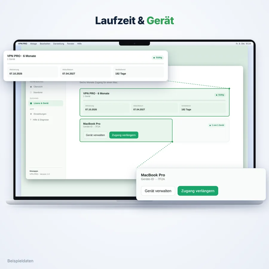 VPN Pro: Laufzeit und Gerät (App-Ansicht mit Beispieldaten)