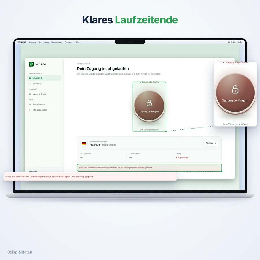 VPN Pro: Laufzeitende (App-Ansicht mit Beispieldaten)