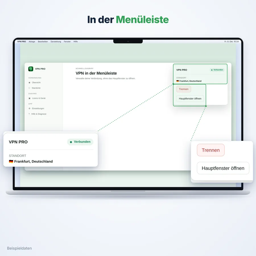 VPN Pro: Menüleiste (App-Ansicht mit Beispieldaten)