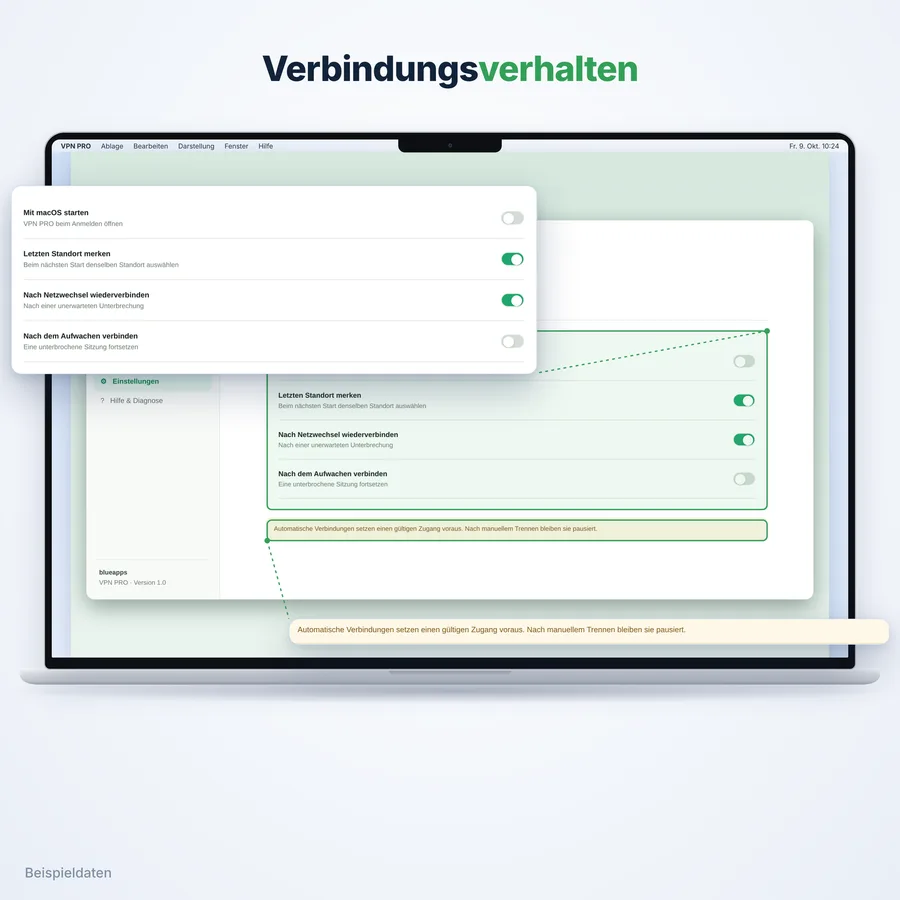 VPN Pro: Verbindungsverhalten (App-Ansicht mit Beispieldaten)